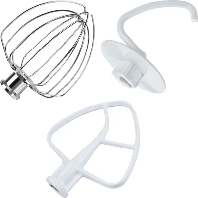 3-teiliges Zubehörset für KitchenAid 4,5-Quart-Mixer – 6-Draht-Schneebesen aus Aluminium, flacher Rührbesen und Knethaken, nur Handwäsche