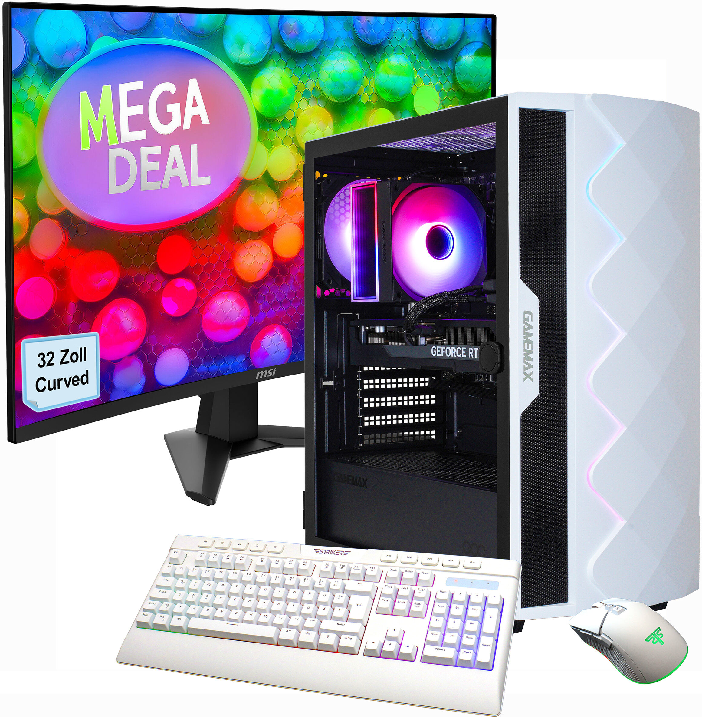GAMEMAX Gaming-PC-Komplettsystem "MegaDeal Diamond WT SET2645", Energieeffizienz: E (A-G), weiß, Microsoft Windows 11 Home (64 Bit), 32 GB RAM 1.000 GB SSD, Computer_Komplettsysteme, Windows 11 + MSI MAG 32C6 Curved Monitor, 80cm (32")