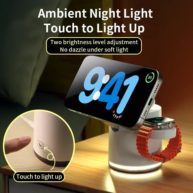 VIKEFON 4-in-1 QI2 Wireless Charger Schnellladestation Ständer Nachtlicht für Magsafe iPhone 16 15 14 Pro Max Airpods Pro 2-8 Apple Watch