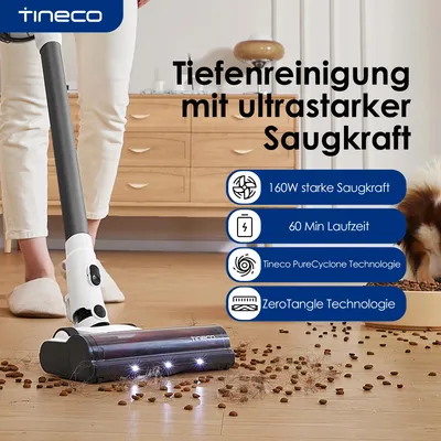 Tineco A30S Akku Staubsauger, Kabelloser Stabstaubsauger 160W 20000pa 60 Min Laufzeit, Handstaubsauger mit 1L Staubbehälter ZeroTangle Bürste für Tierhaare, Akkustaubsauger für Hartböden