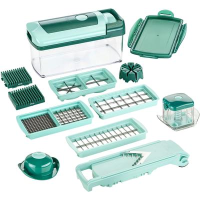 Zerkleinerer GENIUS "Nicer Dicer Fusion inkl. XXL-Messereinsatz 12 x 36 mm, Set 14-tlg", grün (mintgrün), B:17,5cm H:31,8cm T:17,5cm, Zerkleinerer, ND Fusion werden eine Vielzahl von Schneidgeräten in Einem kombiniert