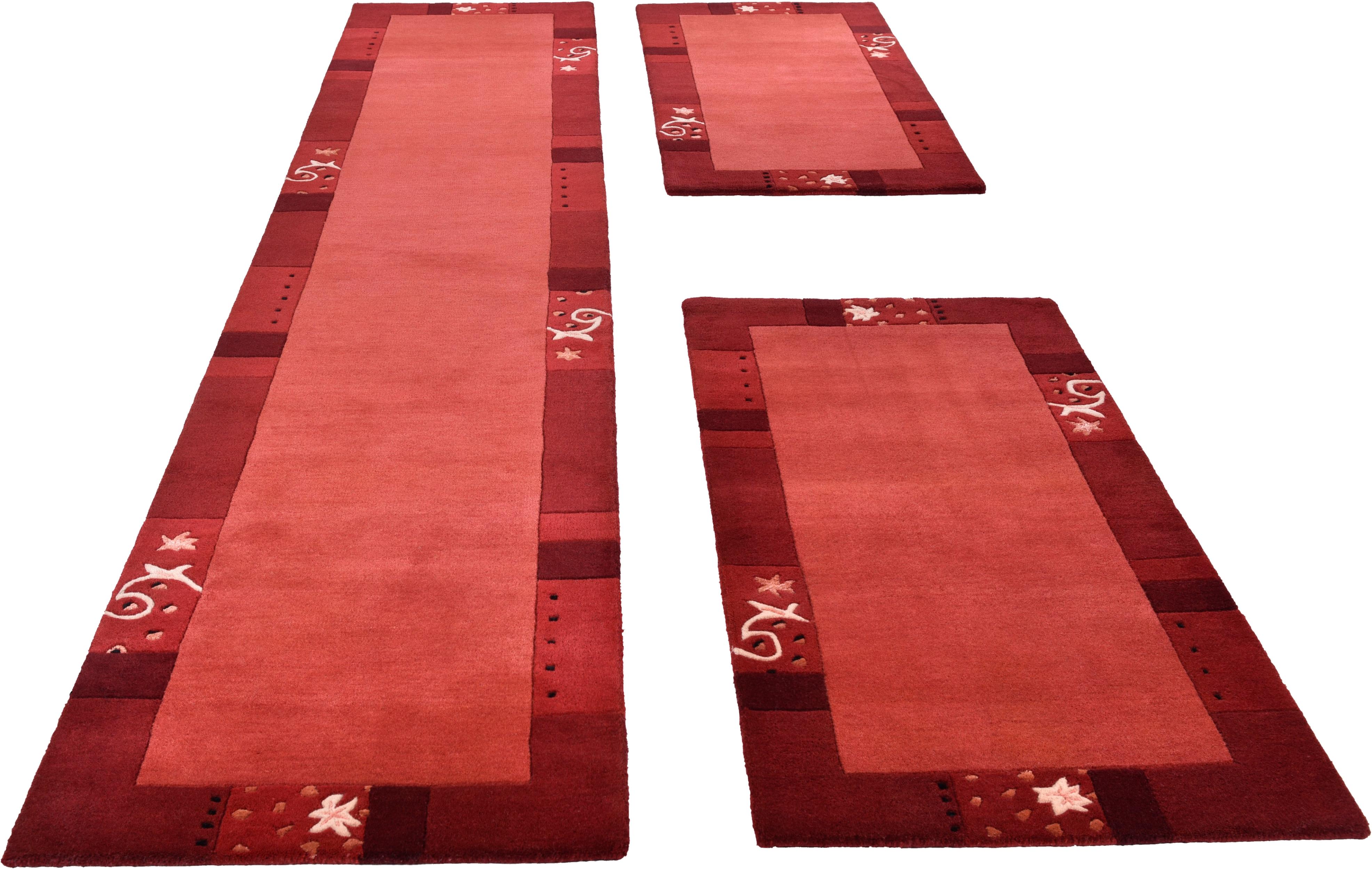 Bettumrandung THEKO "Royal Ganges", rot, H:13mm, Obermaterial: 95% Wolle, 5% Viskose, Bettumrandungen, Bettvorleger, 3-teiliges Läufer-Set fürs Schlafzimmer, 95% Wolle