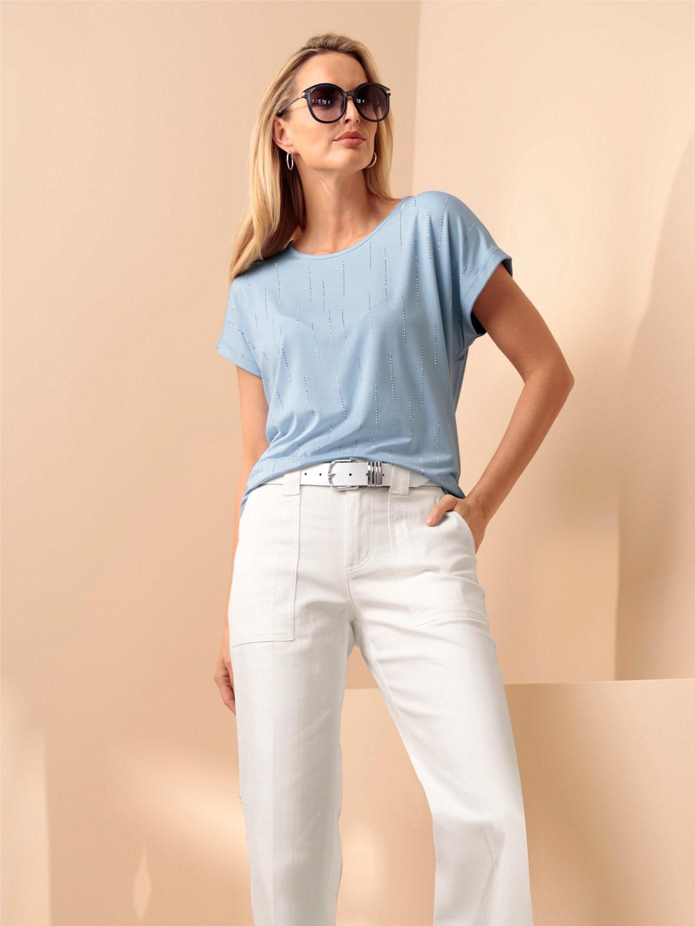 Kurzarmshirt HEINE "Shirt", Damen, Gr. 46, eisblau, 95% Viskose, 5% Elasthan, unifarben, Rundhals, Shirts