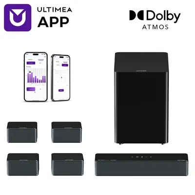 ULTIMEA 7.1-Kanal-Soundbar mit Dolby Atmos, APP-Steuerung, Surround-Sound-System für TV, 4 kabelgebundene Surround-Lautsprecher, Soundbar für TV