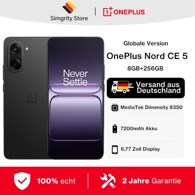 OnePlus Nord CE 5 Smartphone 5G 8 GB + 256 GB, MediaTek Dimensity 8350 Apex, 6,77 Zoll, 120 Hz, Auflösung 2392 × 1080, 7100-mAh-Akku, 80 W SUPERVOOC, 50-MP-Kamera, EIS/OIS, Android 15, WiFi 6, Bluetooth 5.4, Navic/GPS/GLONASS/BDS/Galileo/QZSS
