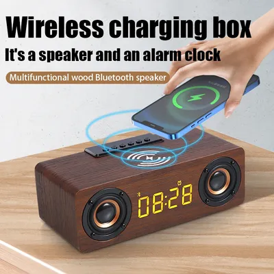 Schnelles kabelloses Ladegerät aus Holz, kabelloser Bluetooth-Lautsprecher, Wecker mit Subwoofer, 3D-Stereo-Boombox-Soundbar für Computer-TV
