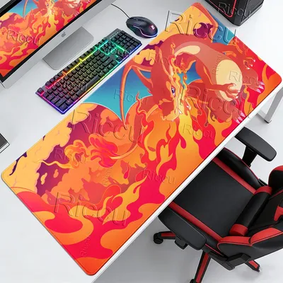 XXL Mauspad Laptop Japan Anime Gaming Tastaturunterlage Pokemon C-Glurak Mauspad PC Erweiterte Spielmatte Schreibtischzubehör Teppich