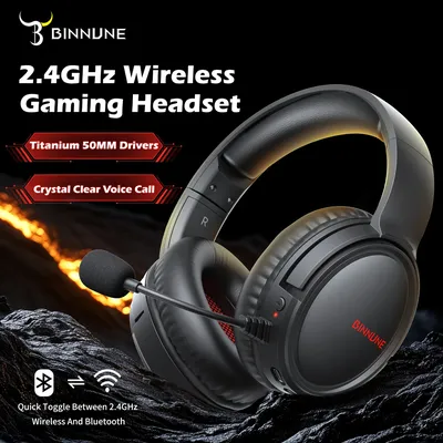 BINNUNE BW02 Wireless Gaming Headset 2,4 GHz USB Dongle Bluetooth 7.1 Surround Noise-Cancelling Mic Over Ear Kopfhörer für PS5