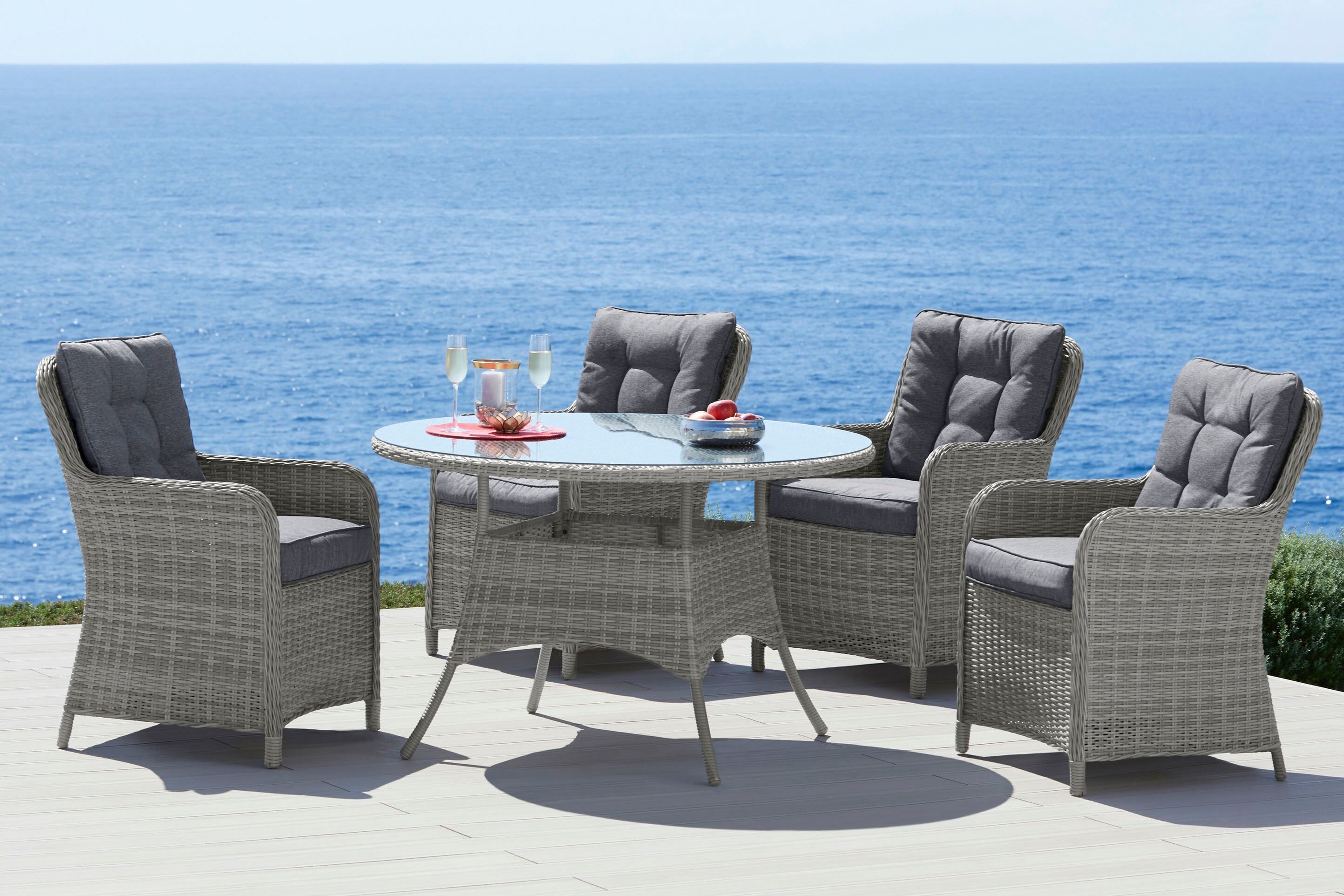 Garten-Essgruppe KONIFERA "Menorca", grau (grau, grau), Aluminium, Polyrattan, Sitzmöbel-Sets, Polyrattan, Aluminium, Tischplatte aus 5mm starkem Sicherheitsglas, Topseller