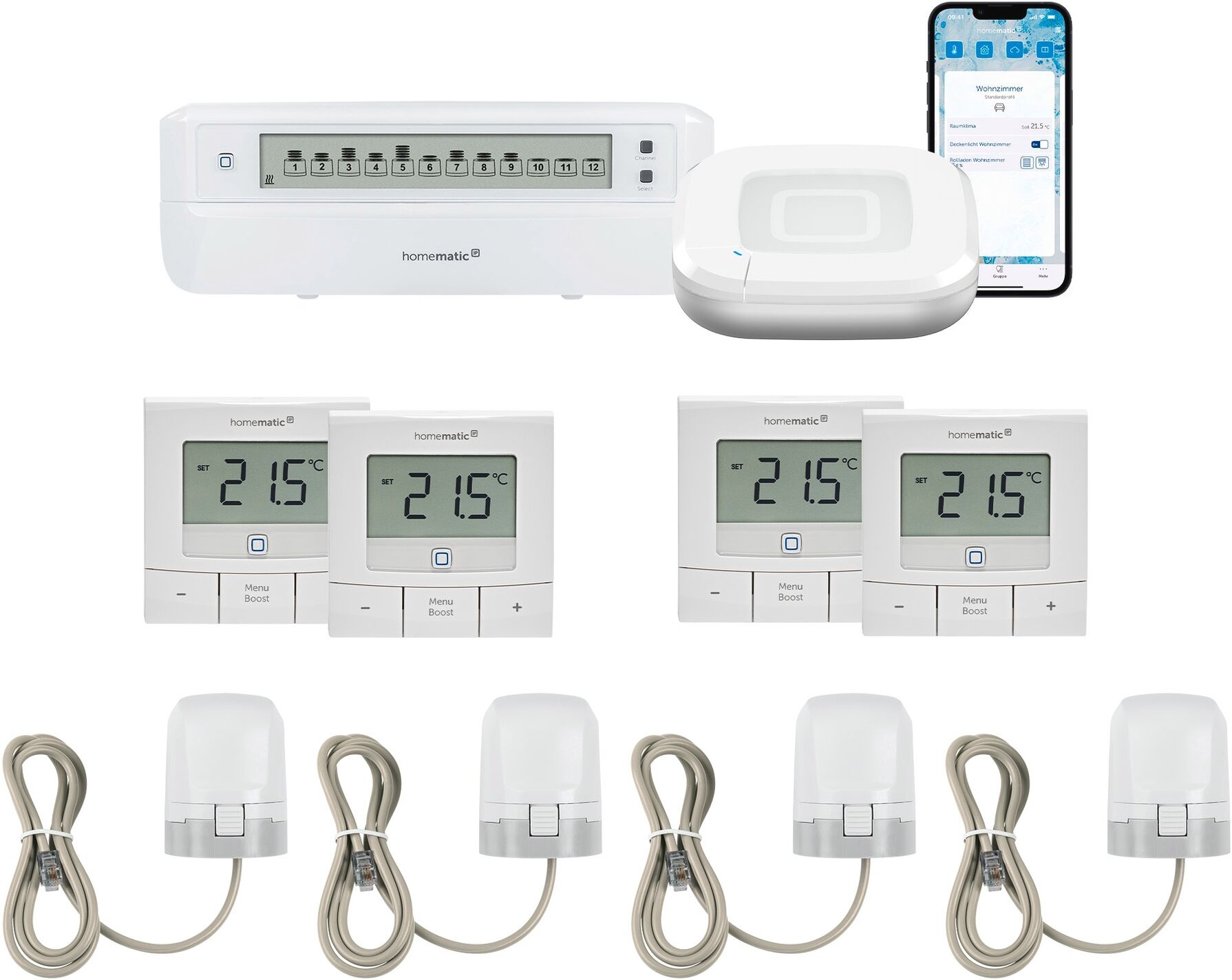 HOMEMATIC IP Smart-Home-Zubehör "Starter Bundle Fußbodenheizung- basic für 4 Räume", weiß, B:28,5cm H:32cm T:40,5cm, Smart-Home-Stationen