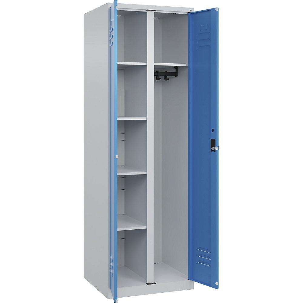 C+P Putzmittelspind Classic PLUS, 1 Abteil, Trennwand mittig, lichtgrau / lichtblau, B 600 mm, mit Bodengleitern, Drehriegel