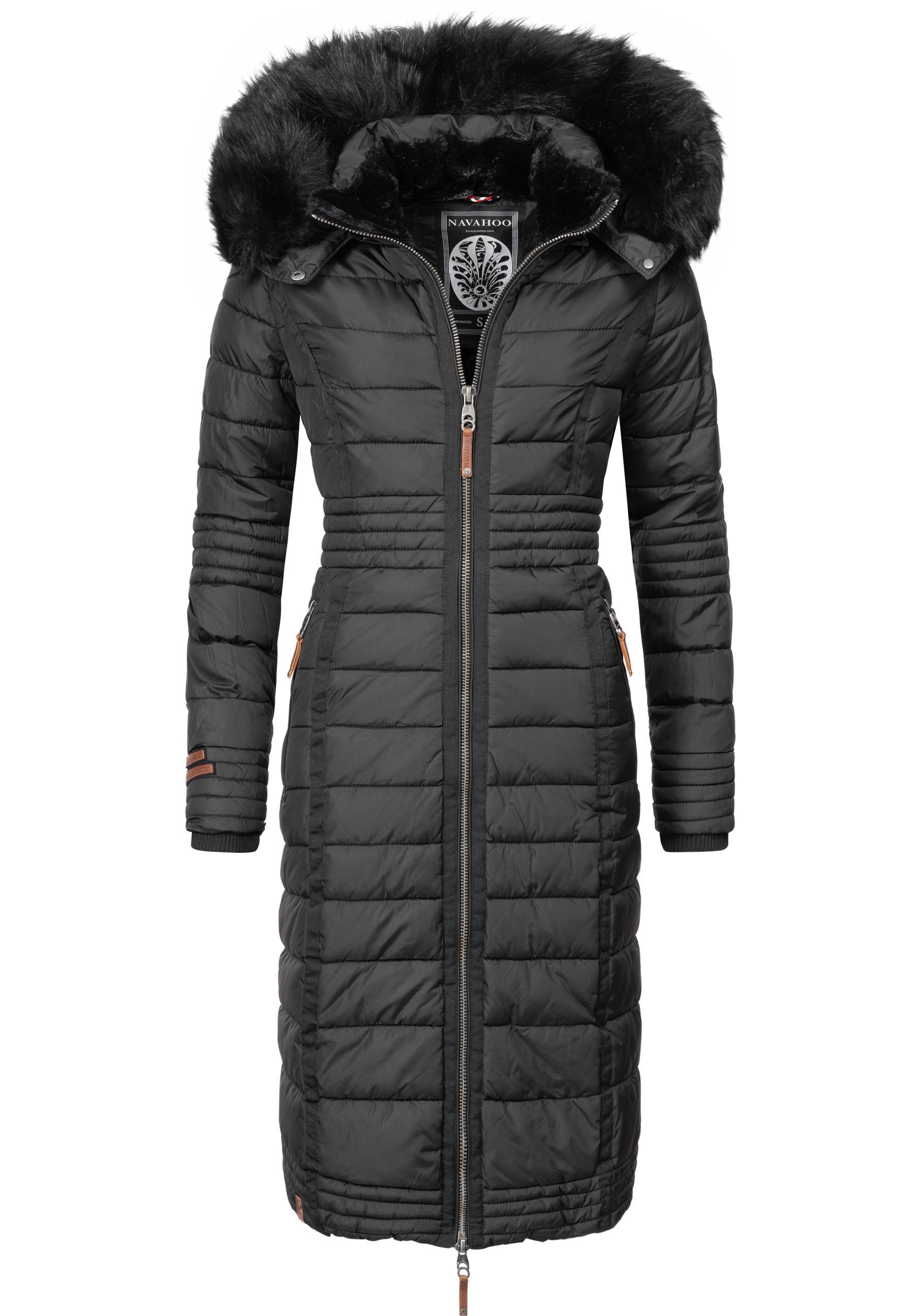 Wintermantel NAVAHOO "Umay", Damen, Gr. S (36), schwarz, Oberstoff: 100% Polyester. Futter: 100% Polyester. Wattierung: 100% Polyester. Ärmelfutter: 100% Polyester. Kunstpelz: 90% Polyacryl, 10% Polyester, clean, tailliert ca. Mitte Knie, Ärmel ohne Ärmelschlitz normaler Saum, Mäntel Wintermantel, langer Damen Winter Steppmantel mit Kunstfellkapuze