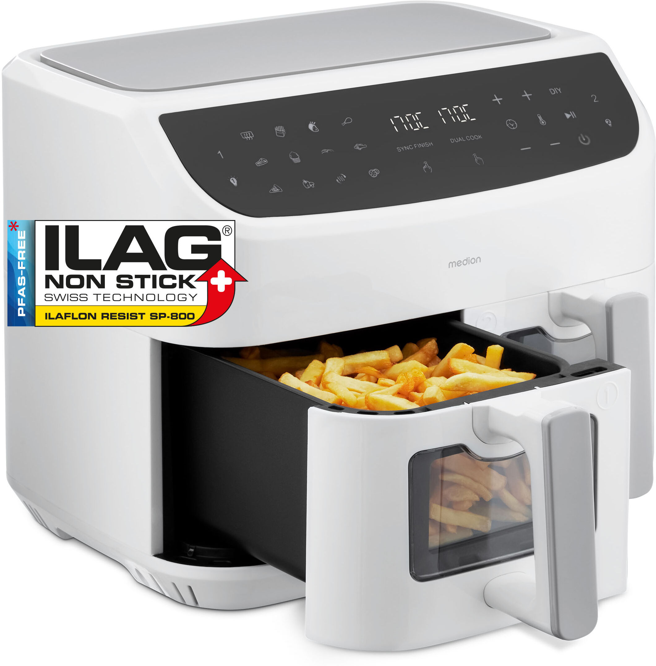 MEDION Heißluftfritteuse "MD 11760 P20XXL Twin", weiß, B:40cm H:33cm T:41cm, Fritteusen, Temperatur 50 - 200 C, ILAG Beschichtung, Sync-Finish
