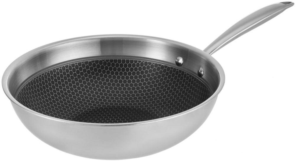 Wok RESTO KITCHENWARE "Achird tiefe Pfanne aus Tri-Ply (Edelstahl + Aluminium + Edelstahl)", silber (silberfarben), H:7,5cm L:51cm Ø:28cm, Pfannen, Wok, Energieeinsparung 25% durch die dreilagige Basis, ofenfest