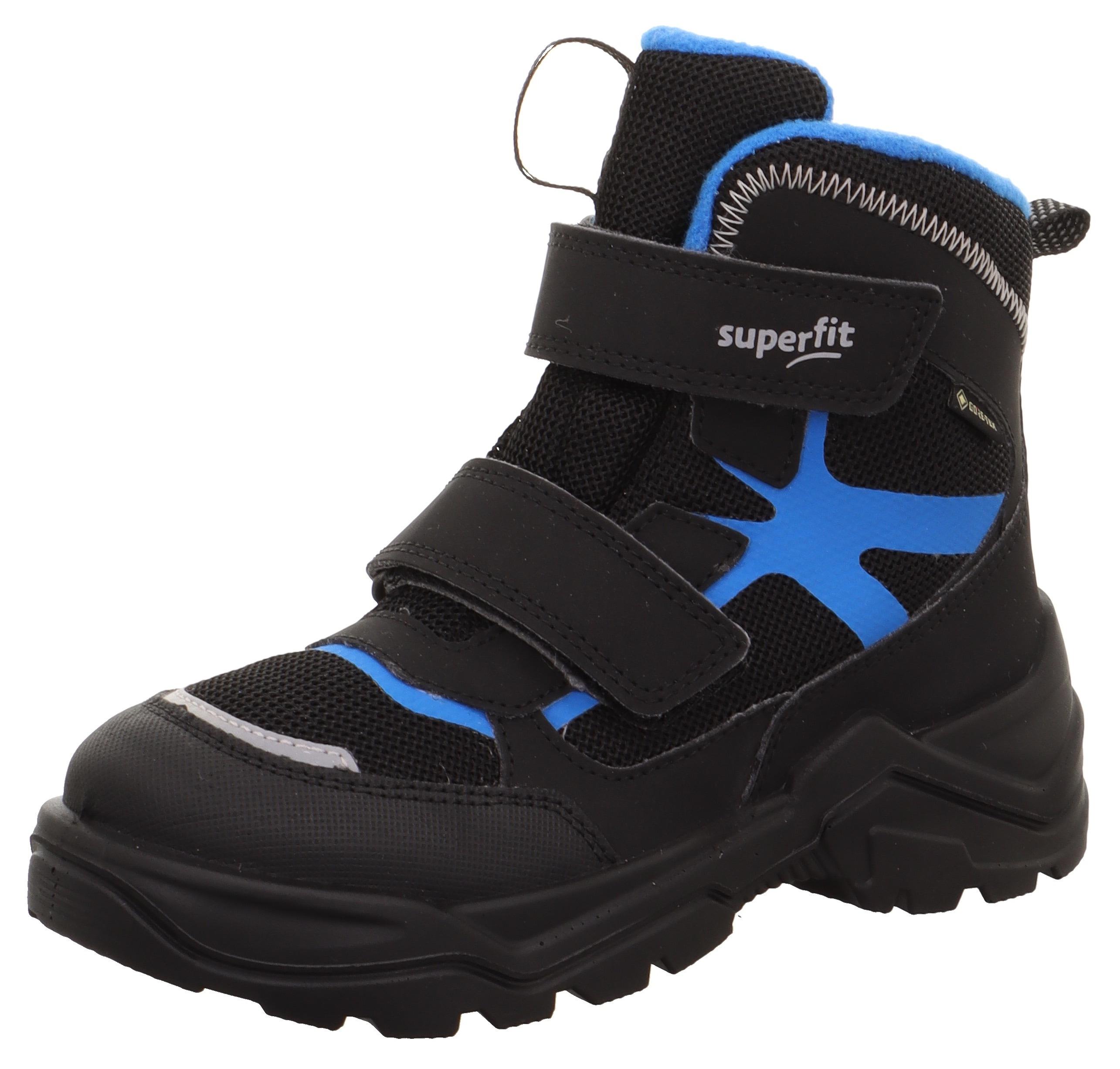 Winterboots SUPERFIT "SNOW MAX WMS: weit", Mädchen, Gr. 28, schwarz (schwarz, blau), Synthetik, Textil, kontrastfarbene Details, Schuhe Winterboots, Snowboots für breite Füße geeignet, Größenschablone zum Download