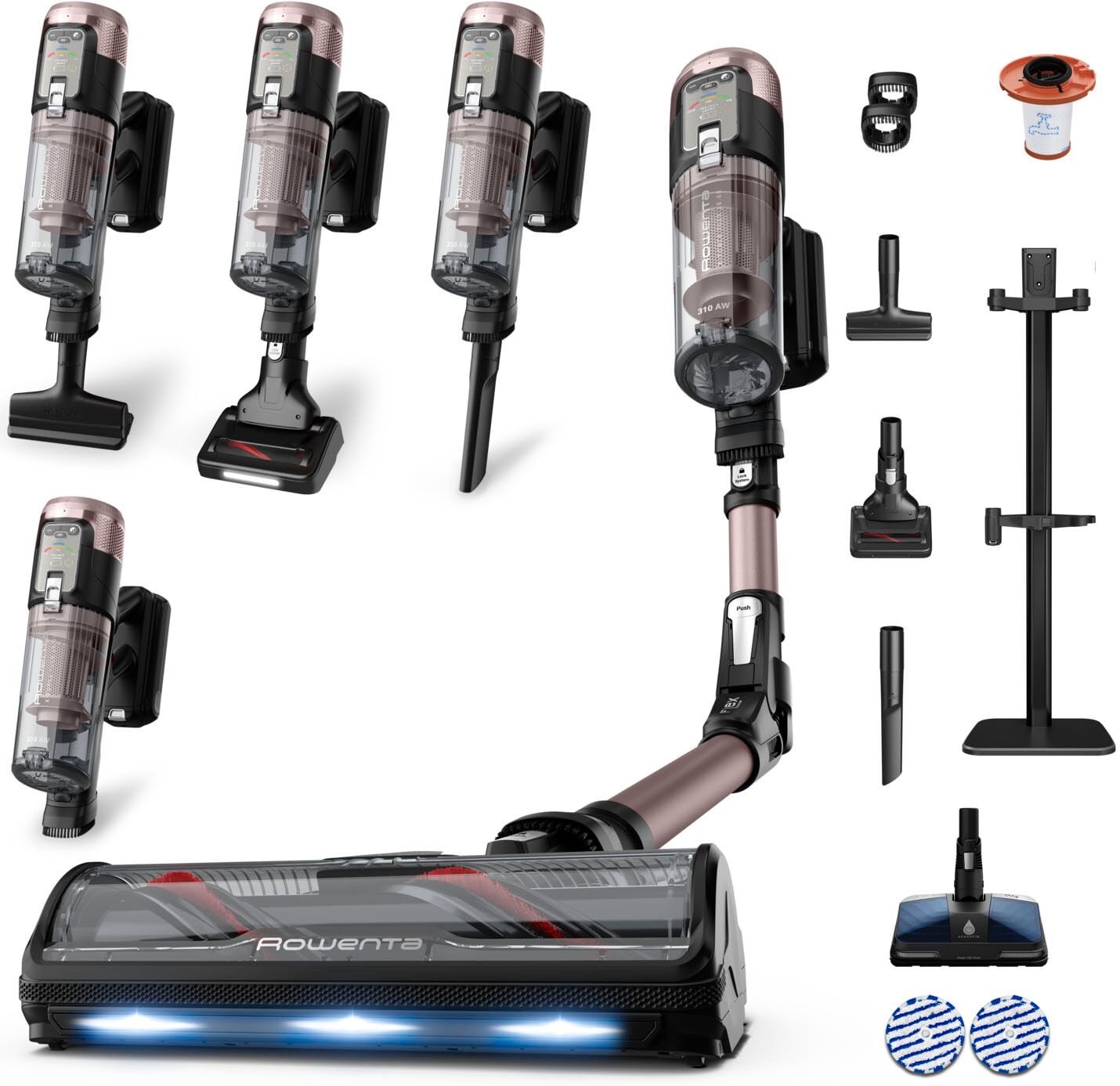 ROWENTA Akku-Hand-und Stielstaubsauger "X-Force Flex 16.60, 120 Minuten Laufzeit, Flex-Gelenk", rosa (zimt, rosa, chrom), B:26,6cm H:113cm T:25,2cm, Akkusauger, LED-Beleuchtung, extreme Saugkraft dank 315 Air Watt, RH9CD9