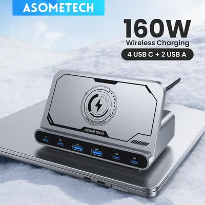 160 W 7in 1 USB C Schnellladestation PD3.0 QC3.0 mit kabelloser Ladestation Ständer für iPhone 15 iPad Samsung Tablet Laptop