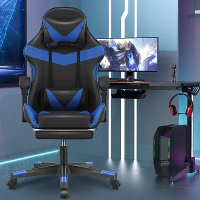 Bürostuhl Ergonomisch Gaming Stuhl Massage Gaming Sessel mit Kopfstütze Massage-Lendenkissen, Gepolstert Gaming Chair, Drehsessel,150kg Kapazität,Schwarz Blau