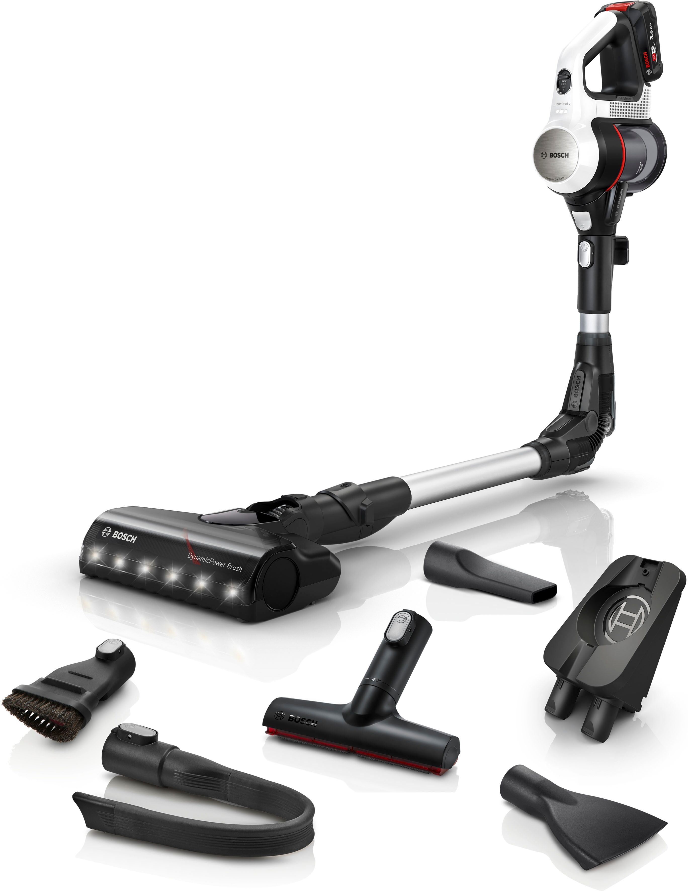 BOSCH Akku-Stielstaubsauger "Unlimited 7 BSS711W, Knickrohr, Hygiene-Filter, 10 J. Motorgarantie", bunt (weiß, silberfarben), Akkusauger, LED-Licht, hohe Saugkraft, lange Laufzeit, XXL-Polsterdüse, weiß