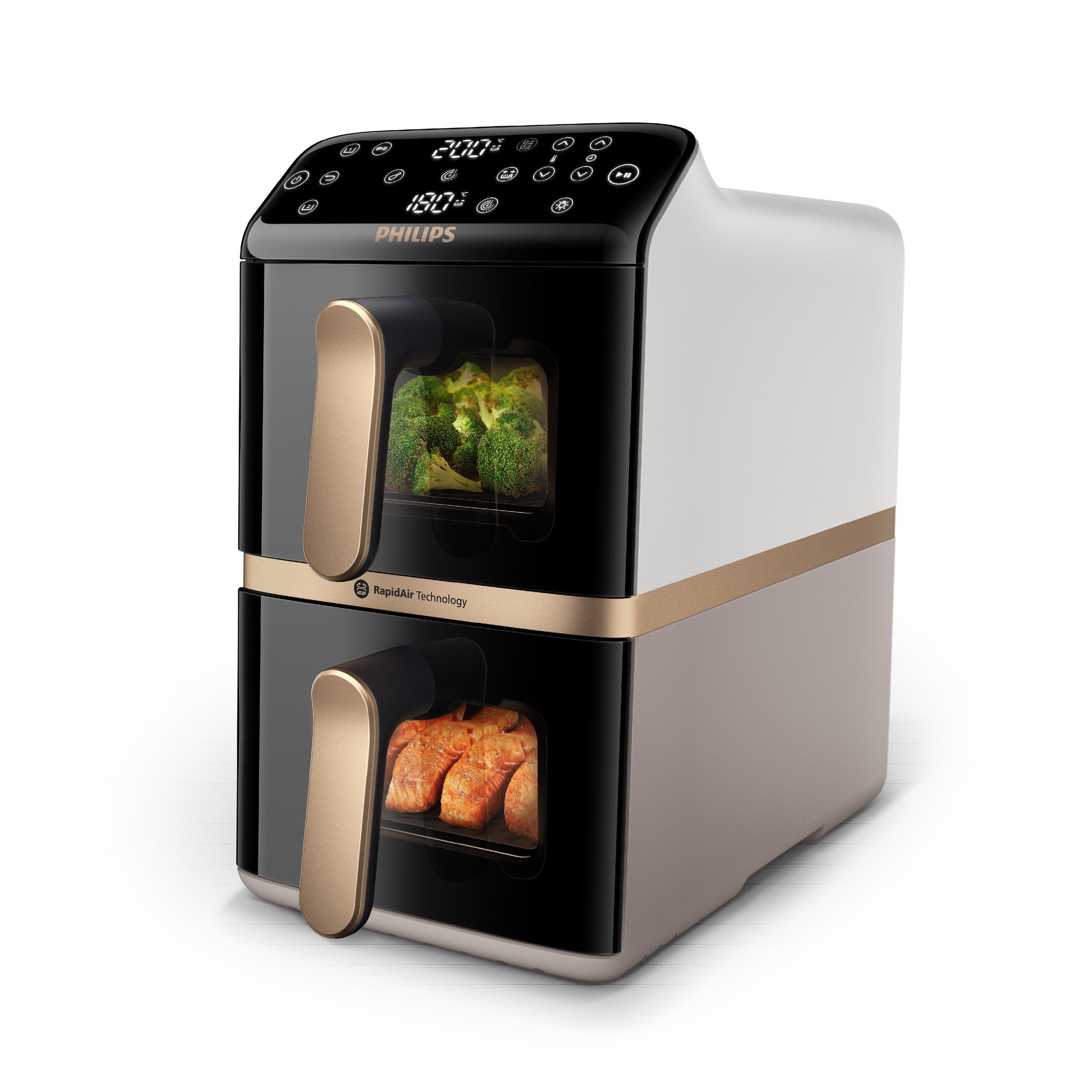 PHILIPS Heißluftfritteuse "NA462/70 4000 Series Stacked Dual Basket und 10L Kapazität (5+5L)", weiß, beige, kupfer, B:24cm H:40cm T:47cm, Fritteusen, RapidAir Technologie; Schwarz/Dunkelgrau, kupfer Griff, Topseller
