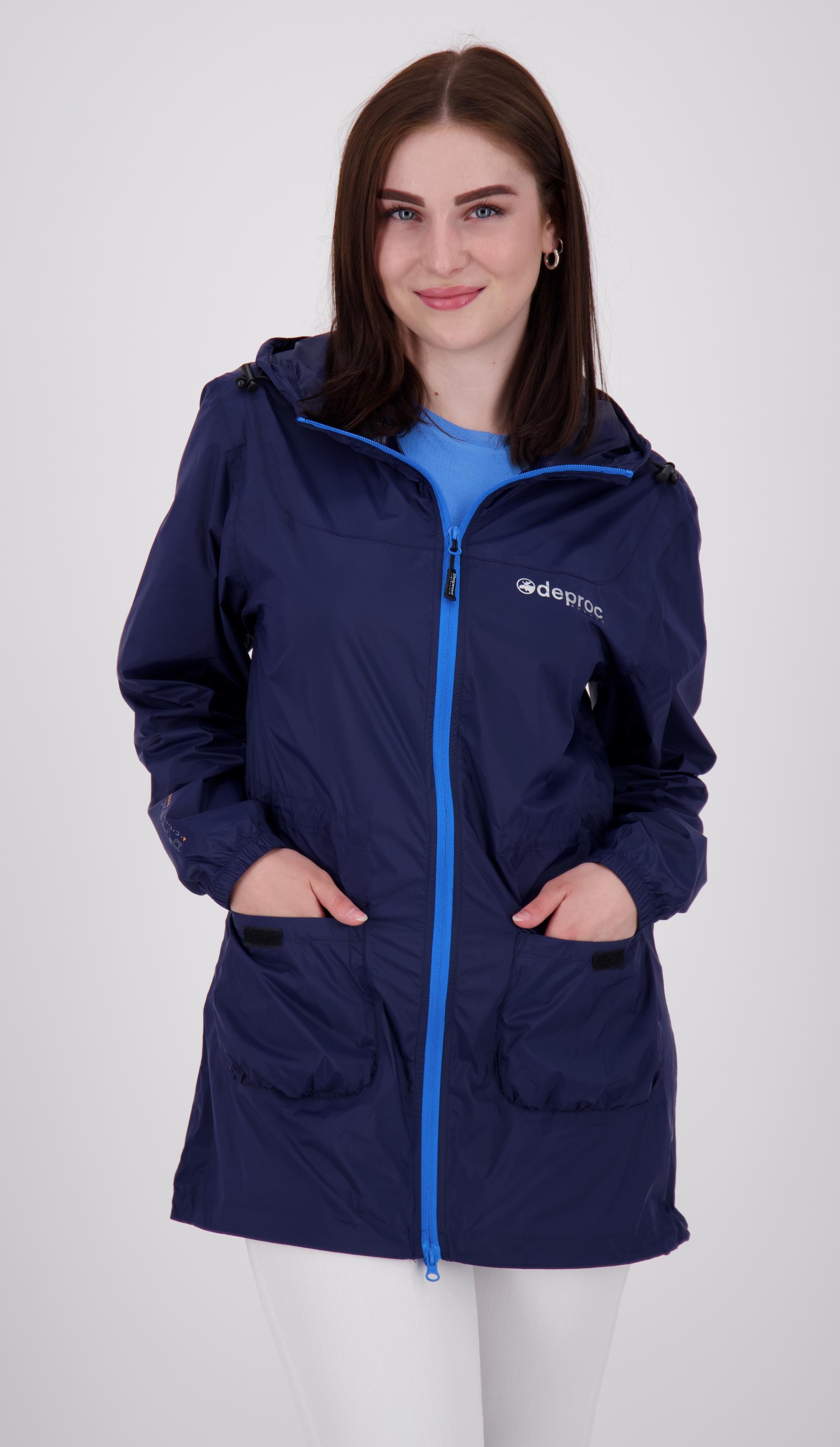 Regenmantel DEPROC ACTIVE "ROBSON LONG WOMEN", Damen, Gr. 36 (S), blau (navy), 100% Polyester, mit innenliegendem Gummizug, Mäntel, auch in Großen Größen erhältlich