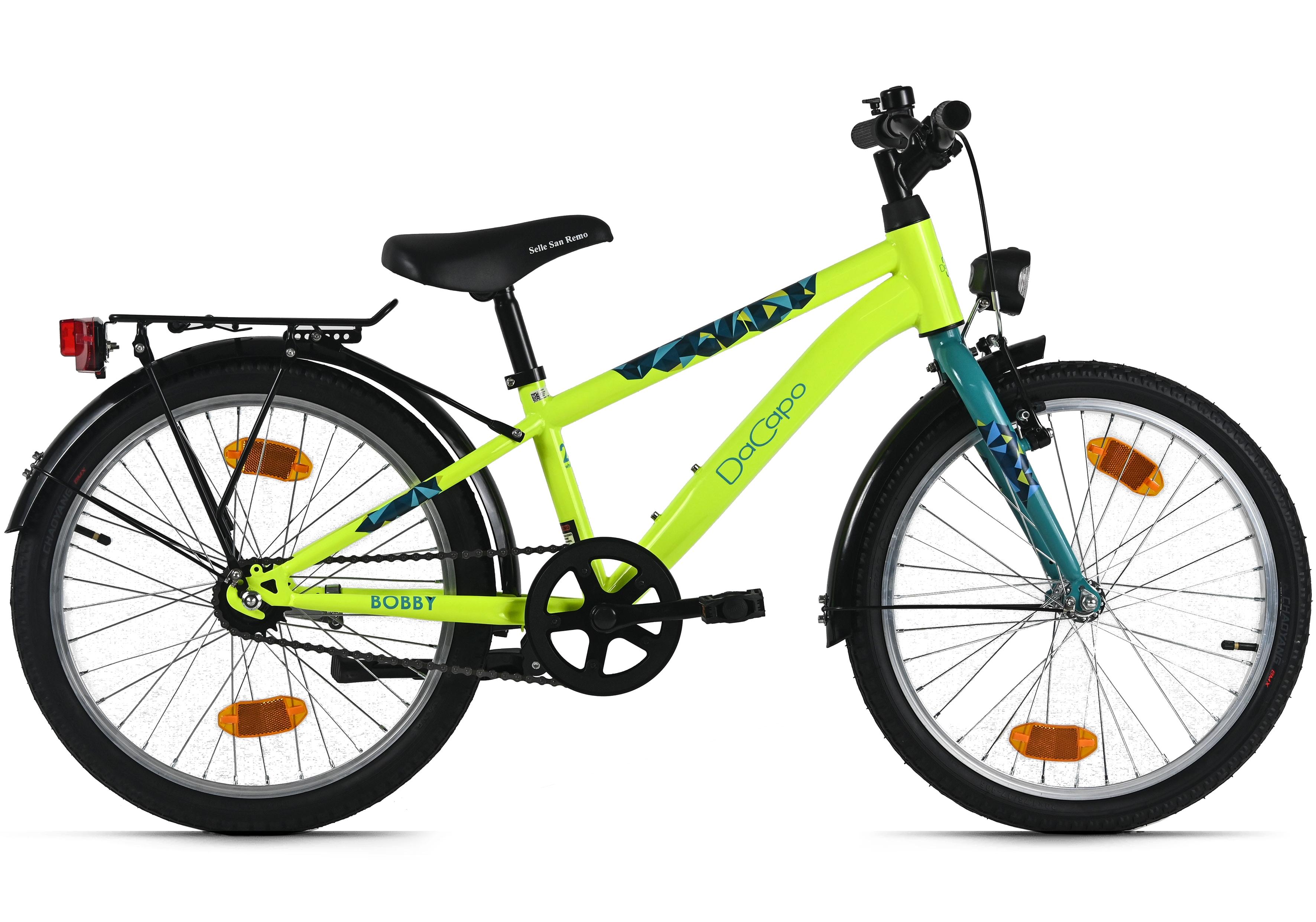 Kinderfahrrad DACAPO "20" Bobby Gelb 1 Gang RH 27 cm mit Beleuchtung - Ab 6 Jahre" Gr. 27, gelb, grün, Fahrräder, Kinder, 27cm, 20 Zoll (50,80cm) hinten: 20 Zoll (50,80cm)