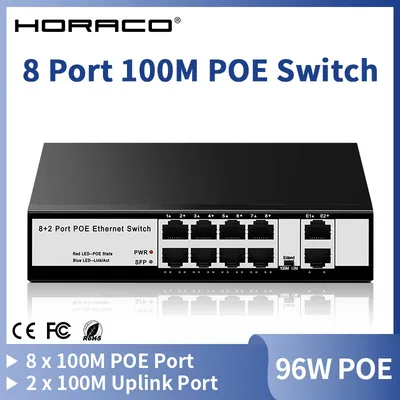 HORACO 8 Port 100M POE Switch 100Mbps Aktiver POE Netzwerk Switch 96W für IP Kamera, NVR, Überwachung, CCTV, POE Kamera
