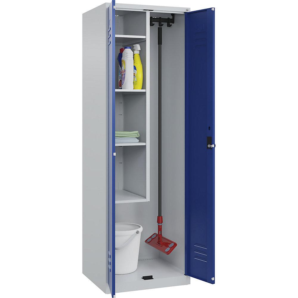C+P Putzmittelspind Classic PLUS, 1 Abteil, Trennwand mittig, verkürzt, lichtgrau / enzianblau, B 600 mm, mit Bodengleitern, Drehriegel