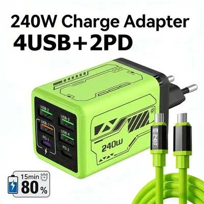 240W GaN-Ladegerät Schnellladegerät 6-Port USB-C PD-Ladeblock mit 240W USB-C zu Typ-C Datenkabel für iPhone Xiaomi Huawei Smartphone