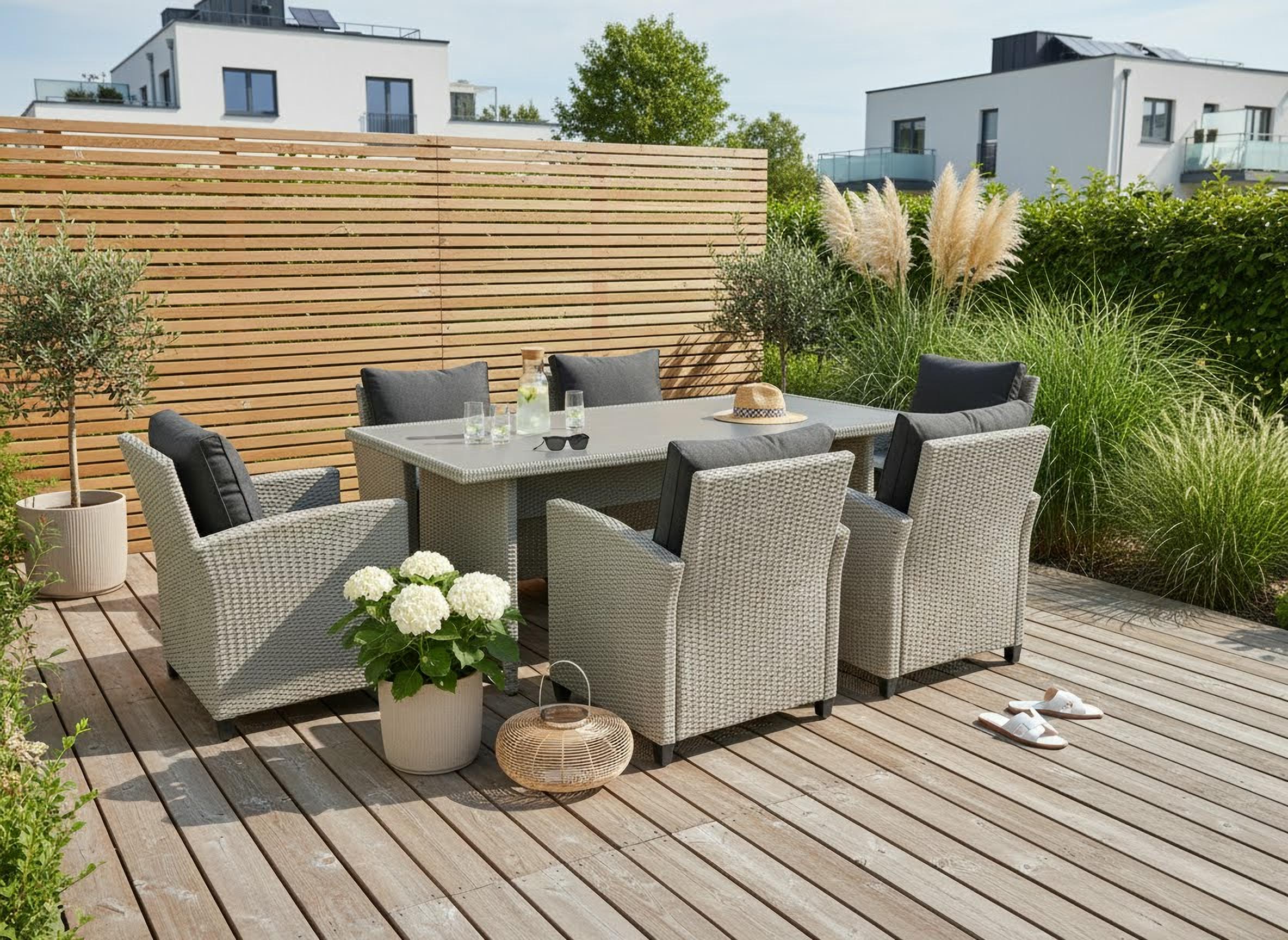 Garten-Essgruppe KONIFERA "Amsterdam", grau, Polyrattan, Stahl, Sitzmöbel-Sets, bestehend aus 6 Sesseln, 12 Sitz- und Rückenkissen und 1 Tisch