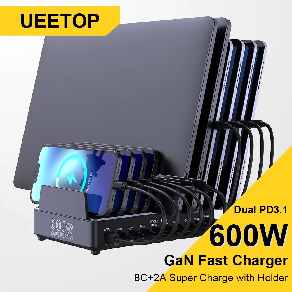 Ueetop 600 W Multi-USB-Schnellladegerät 10-Port GaN PD 3.1 Ladestation Ständer für MacBook iPhone 16 15 iPad Samsung Tablet Laptop