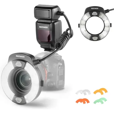 NEEWER Marco Ringblitz Kompatibel mit Sony/Nikon Kameras, 76W GN15 5600K TTL-Beleuchtung, 1-1/128 Ausgang vorne & hinten, Farbgel-Linsenadapterringe