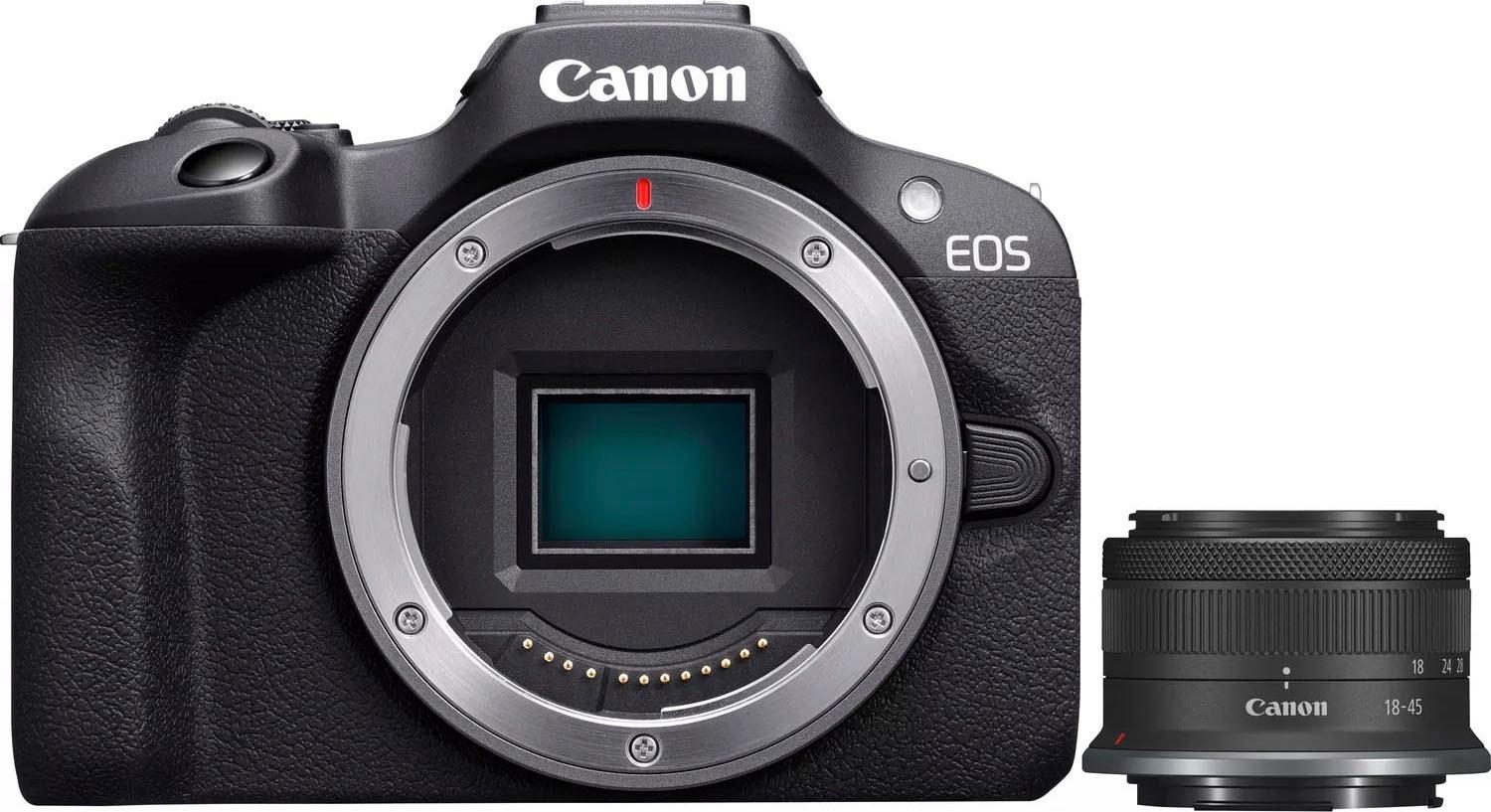CANON Systemkamera "EOS R100 + RF-S 18-45mm F4.5-6.3 IS STM Kit", schwarz, B:11,63cm H:8,55cm T:6,88cm, Fotokameras