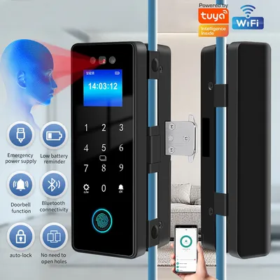 WLAN 3D-Gesichtserkennungs-Smartlock für Glastüren mit Kamera, Fingerabdruck, Gesichtserkennung, Kartenleser, Passwort, Biometrischer Schlüssel und App-Entsperrung