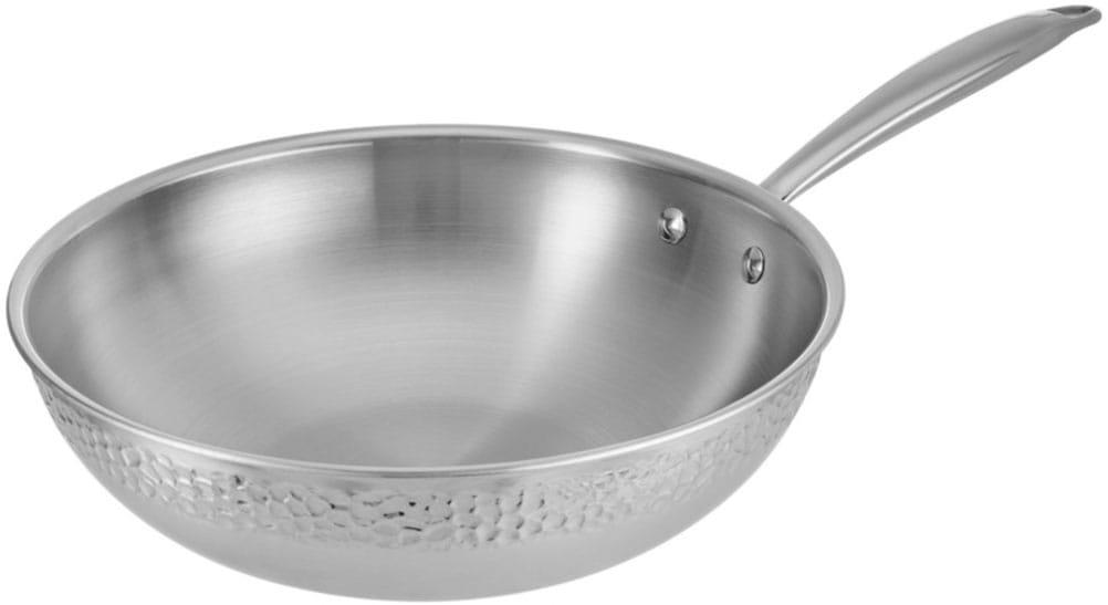 Wok RESTO KITCHENWARE "Crater tiefe Pfanne aus Tri-Ply (Edelstahl + Aluminium + Edelstahl)", silber (silberfarben), H:7,5cm L:51cm Ø:28cm, Pfannen, Wok, Energieeinsparung 25% durch die dreilagige Basis, ofenfest