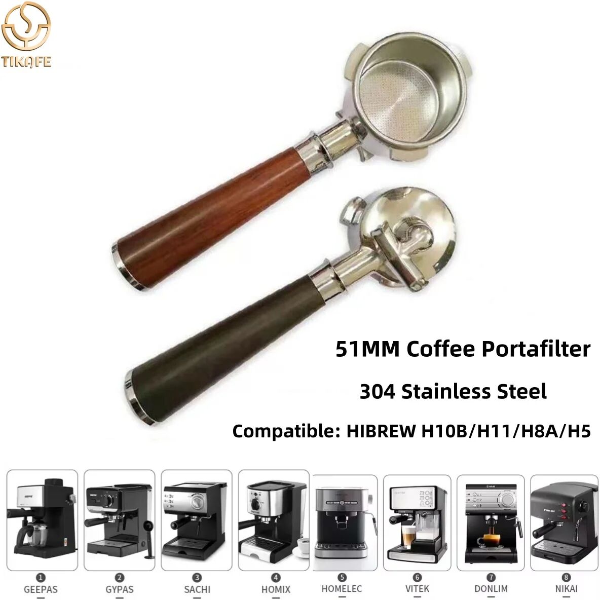 NONE 51mm Doppelauslauf-Siebträger für HiBREW H10B/H11/H8A, Sangkee, Mr. Coffee, Oster, Cecotec, Phico, Brayer BR1101 - Edelstahl