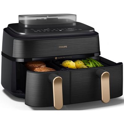 PHILIPS Heißluftfritteuse "NA555/00 Steam Airfryer 5000 Series Dual Basket, 9L Kapazität (3L+6L)", grau (edelstahl, kupfer), B:44,39cm H:38,25cm T:35,17cm, Fritteusen, mit Dampfgar-Funktion; Silber/Edelstahl