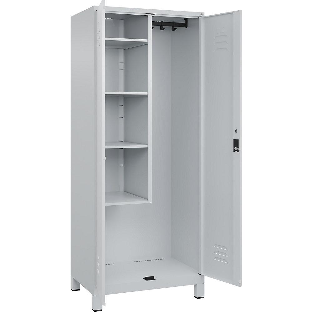 C+P Putzmittelspind Classic PLUS, 1 Abteil, Trennwand mittig, verkürzt, lichtgrau, B 800 mm, mit Füßen, Zylinderschloss