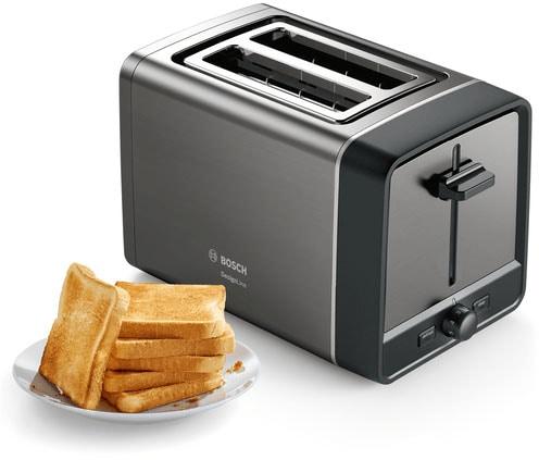 BOSCH Toaster "DesignLine TAT4P425DE, integrierter Edelstahl-Brötchenaufsatz", grau (grau, schwarz), B:30cm H:19,5cm T:17cm, Toaster, Abschaltautomatik, Auftaufunktion, Liftfunktion, Breit, grau