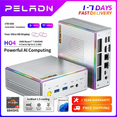 PELADN HO4 Gaming-Mini-PC AMD Ryzen 7 8845HS 32 GB DDR5 5600 MHz 1 TB PCIe4.0 SSD, AMD Radeon 780 M mit Dual RJ45 LAN, WiFi6 BT5.2