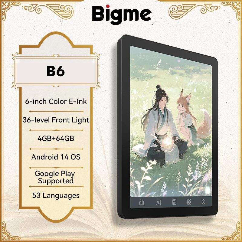 Bigme E-Book Reader B6, 6-Zoll-E-Ink-Elektronikbuch, 36-Level-Frontlicht, Android 14 OS integrierter Google Play, 4+64 GB Ereader