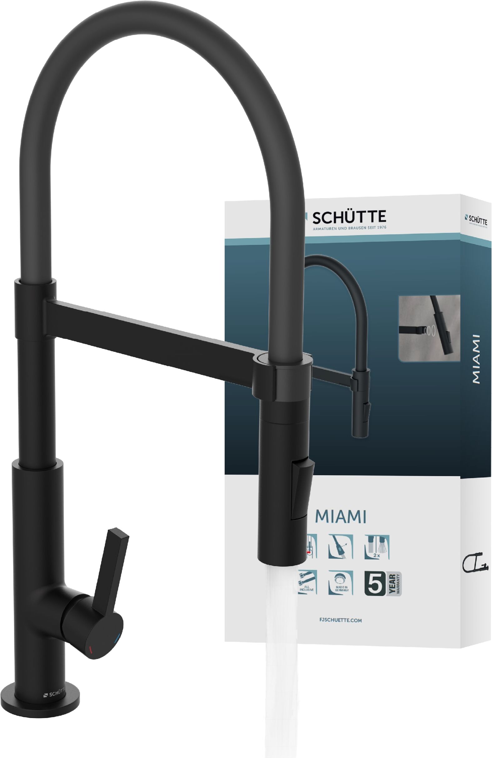 Spültischarmatur SCHÜTTE "MIAMI", schwarz, B:5,5cm H:48,5cm T:26cm, Messing, Armaturen, energiesparende Cold-Start-Funkt., 360 schwenkbar, 2-fach verstellbar