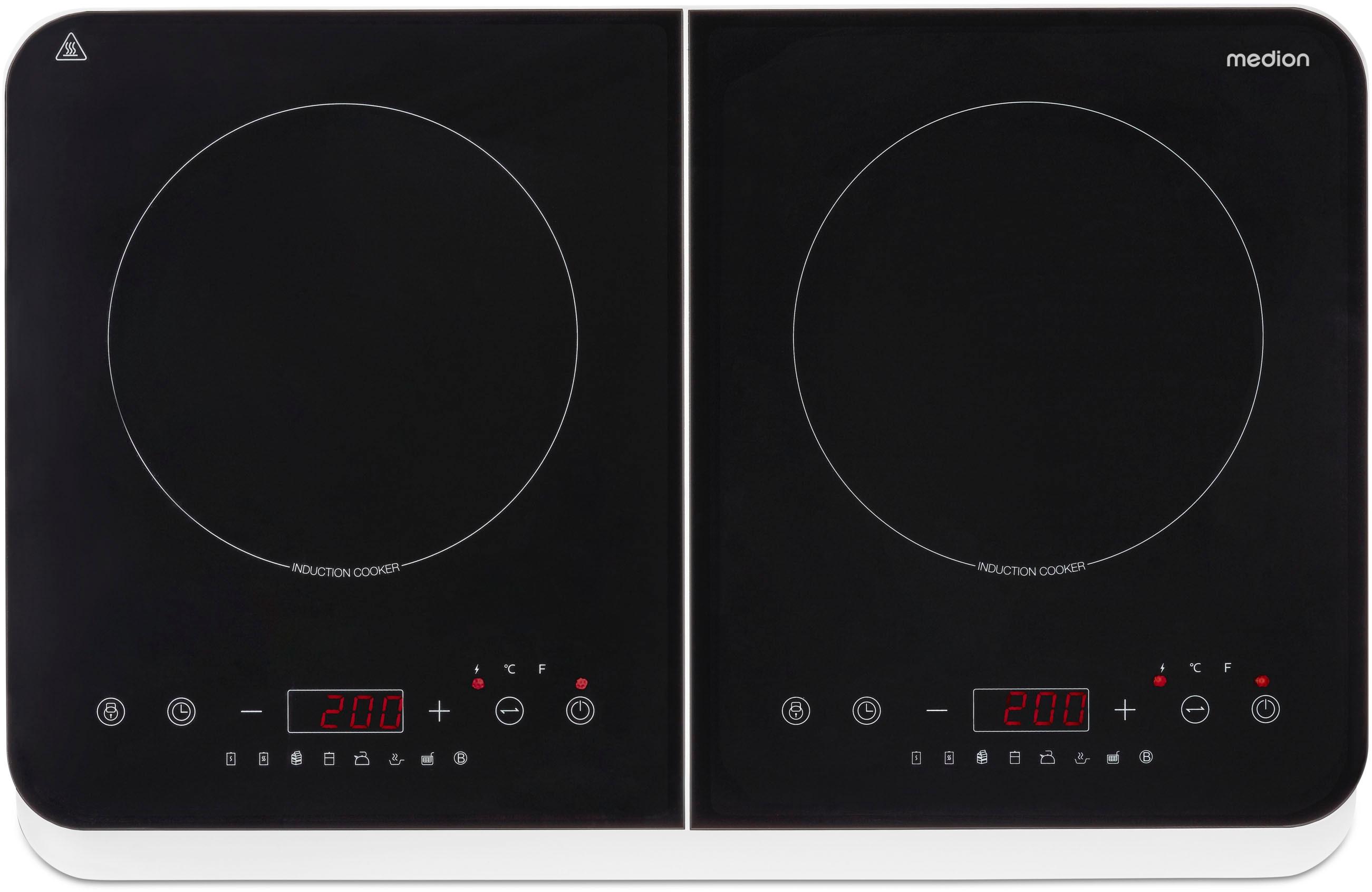 MEDION Doppel-Induktionskochplatte "MD 18493, 3500 W Induktionsleistung, automatische Topferkennung, Timer", schwarz, B:60cm H:6cm T:36cm, Kochplatten, Temperaturbereich 60 - 240, Sensor-Touch-Display