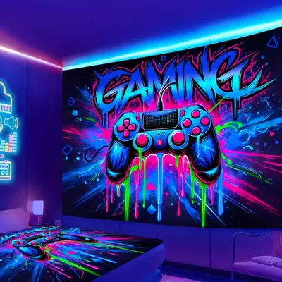 VIKAMA Neon Gaming Controller Wandteppich im Cyberpunk-Gamer-Design, perfekt für kühne Dekoration, Schlafzimmer-Wandgestaltung und Fotohintergründe