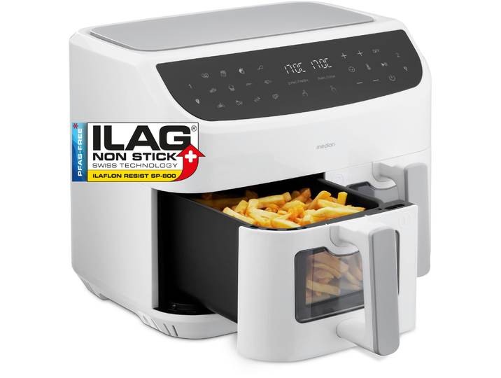 MEDION Heißluftfritteuse MD 11760 P20XXL Twin , weiß, B:40cm H:33cm T:41cm, Fritteusen, Temperatur 50 - 200 C, ILAG Beschichtung, Sync-Finish