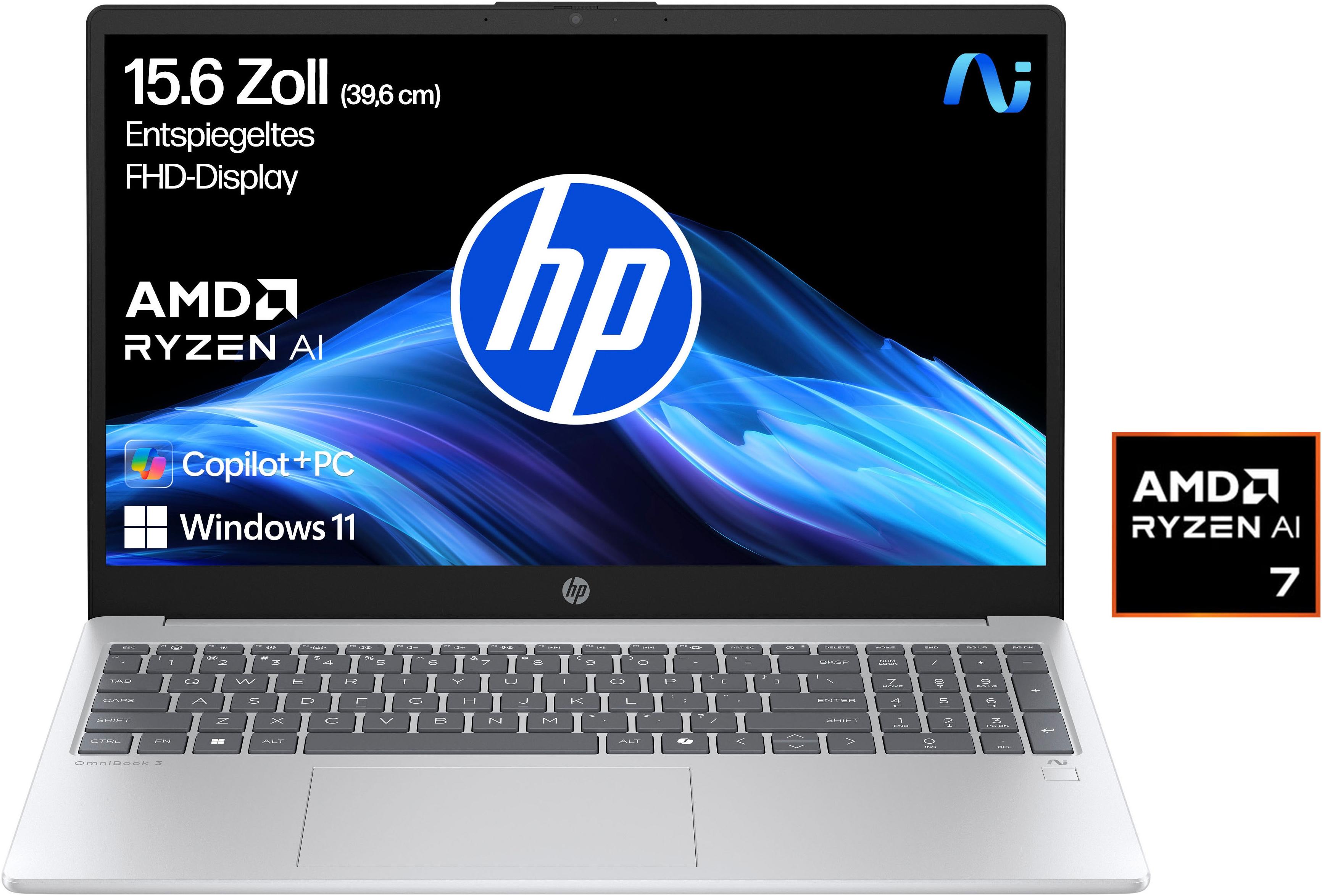 HP Notebook "OmniBook 3 NG AI", silber (glacier silber), 16 GB RAM 512 GB SSD, Ryzen™ AI 7, Windows 11 Home, Notebooks