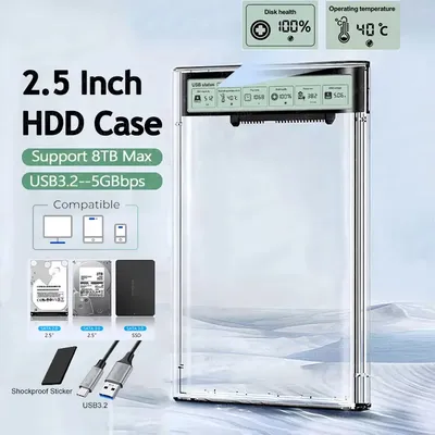 2,5'' HDD SSD Gehäuse Smart Display Externes HDD-Gehäuse USB3.2 Gen2 Festplatte Klare tragbare Aufbewahrungshülle für Laptop PC
