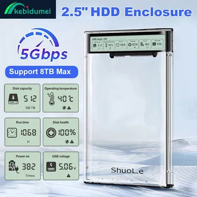 Kebidumei Smart Display HDD-Gehäuse 2,5 Zoll Transparentes HDD-Gehäuse USB-C Externes HDD-Gehäuse SATA HDD SSD Speichergehäuse für Laptop PC