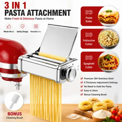 Gvode 3-in-1-Nudelaufsatz für Kitchenaid Standmixer, Nudelblatt-Rolle, Spaghetti-Schneider, Ätccin-Schneider, Maker-Zubehör