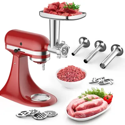Gvode Metall-Fleischwolf-Aufsatz für KitchenAid Standmixer mit 4 Mahlplatten, 3 Wurstfüllern und 2 Klingen